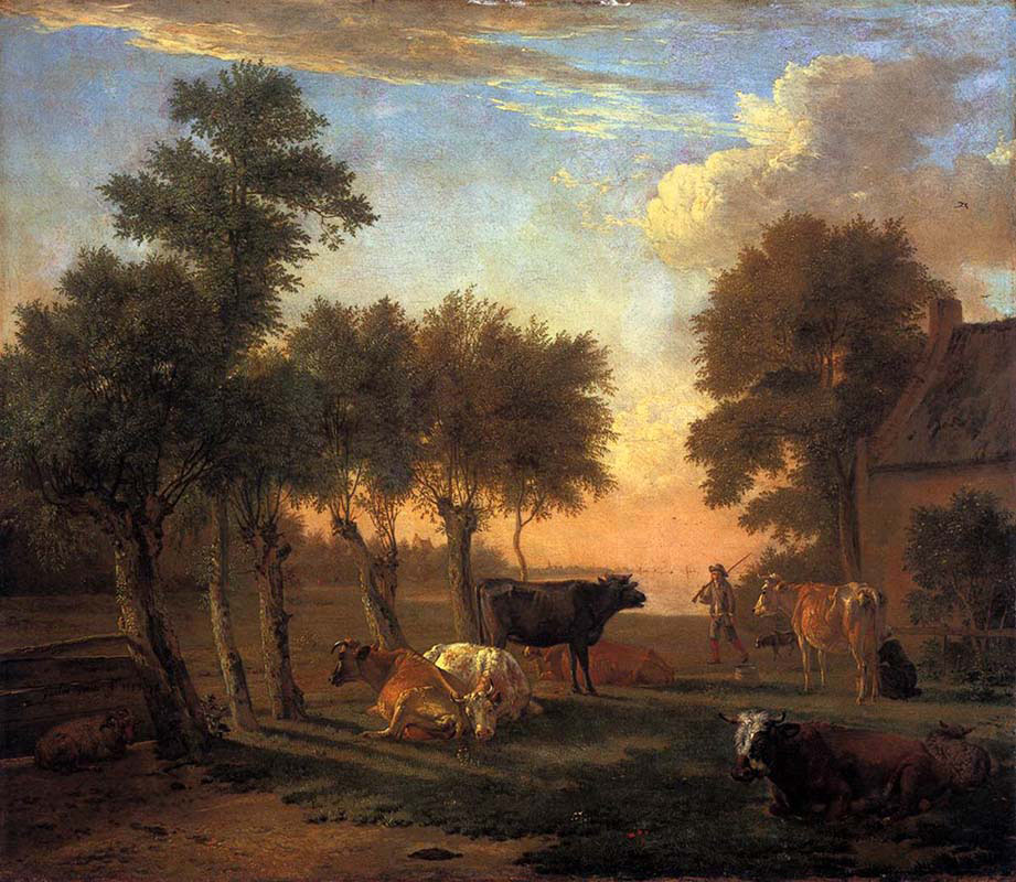 Cows in a Meadow by a Farm